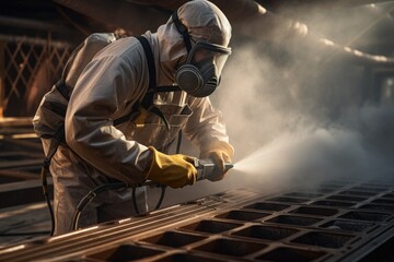 A man wearing a gas mask and protective suit is seen using a spray gun. This image can be used to depict concepts of safety, protection, chemical handling, or hazardous materials
