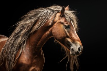 A close-up view of a horse with a black background. This image can be used for various purposes, such as equestrian themes, animal portraits, or even in designs related to strength and power