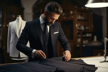 A man in a suit is seen working on a piece of clothing. This image can be used to depict tailoring, fashion design, or the process of making clothes