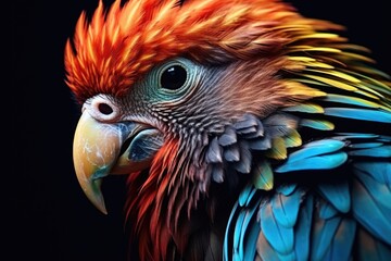 Fototapeta premium A close up photograph of a vibrant and colorful bird with a black background. This image can be used to add a pop of color and nature to any project