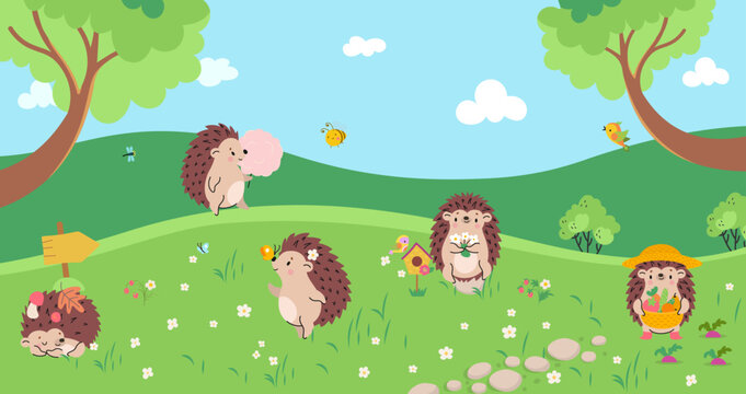 Cartoon hedgehogs on forest meadow. Cute hedgehog eat, gardening, sleep and hold chamomile flowers. Wild animals children vector illustration