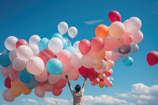 A person is seen holding a bunch of colorful balloons in the air. This image can be used to depict joy, celebration, and happiness. It is suitable for various occasions and events