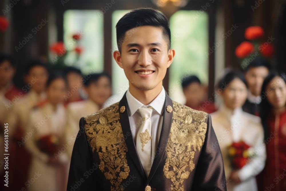 Poster a man in a suit standing confidently in front of a group of people. this professional image is perfe