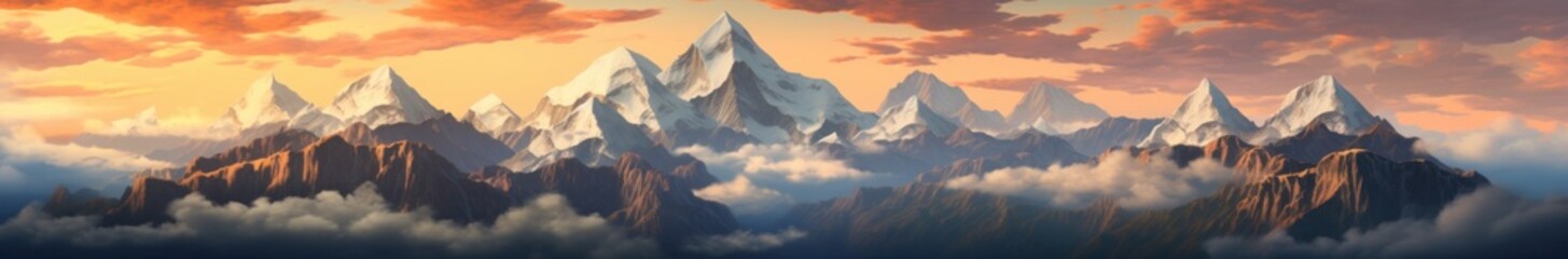 Fototapeta premium An ethereal landscape of majestic mountains draped in a canvas of swirling clouds, kissed by the golden hues of sunrise and sunset, showcasing the raw beauty of nature's untamed wilderness
