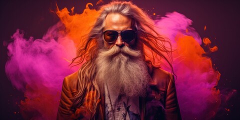 A stylish man, with his long hair cascading down his back and a full beard framing his face, confidently dons a pair of sleek sunglasses, exuding an air of mystery and intrigue