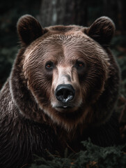 Close up portrait of a calm grizzly bear in a forest illustrated using generative Ai