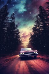 As the car glided down the dirt road, its headlights illuminated the towering trees and twinkling stars in the vast night sky, creating a wild and dreamy journey through the endless possibilities of 