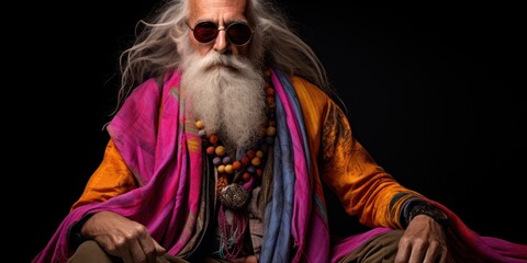 A wise, eccentric man with a long white beard and vibrant scarfs adorning his cloak sits regally on a chair, exuding an air of mystery and enchantment