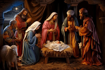 The Magi brought gifts to the baby Jesus, they stand in a cave near the manger next to Mary and Joseph, the Star of Bethlehem is visible. Three Kings Day, Little Christmas. Even the sheep are happy.