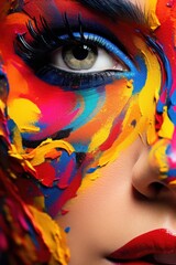 A mesmerizing close-up of a woman with vibrant paint adorning her face, accentuating her fluttering eyelashes and luscious lips, evoking a sense of artistic expression and boundless freedom