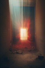 As the heat from the sun shone through the amber light pouring out of the doorway, it illuminated the wall and ground, creating a mesmerizing display of warmth and beauty - obrazy, fototapety, plakaty