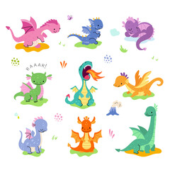 Cartoon cute dragon. Isolated funny dragons characters. Mythical animals with fire flame and wings. Little dinosaurs, nowaday childish vector set