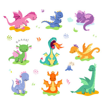 Cartoon cute dragon. Isolated funny dragons characters. Mythical animals with fire flame and wings. Little dinosaurs, nowaday childish vector set