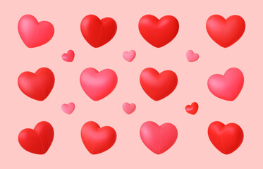 3d hearts set, isolated love heart various rotations. Red valentines day icons, romantic wedding or marriage decorations pithy vector collection