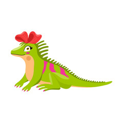 Cute green Iguana with long tail and ribbon on head. Zoo cute animal for kids design