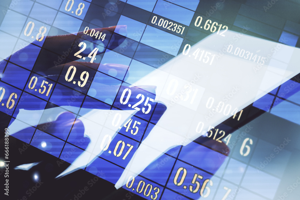 Poster Multi exposure of stats data illustration with finger presses on a digital tablet on background, computing and analytics concept