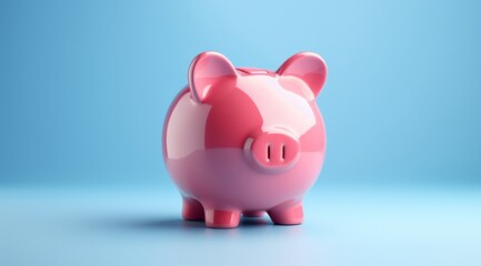 Cute Pink Piggy Bank on Vibrant Blue Background with Copy Space
