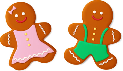 Cute gingerbread 3d render. Cookies christmas style, male and female gingerbreads characters. Sweet holiday food, bakery vector elements