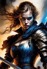 portrait of a warrior girl with light blue eyes in action. sword fight. . fantasy art. generative ai

