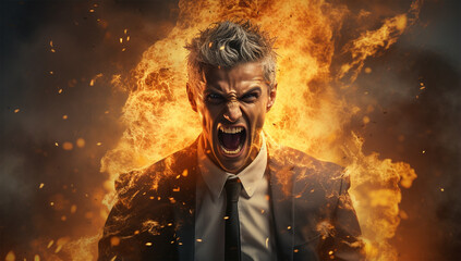 Aggressive businessman screaming in front of a burning building. Fire concept.