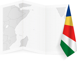 Seychelles grayscale map and hanging flag.