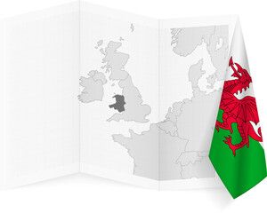 Wales grayscale map and hanging flag.