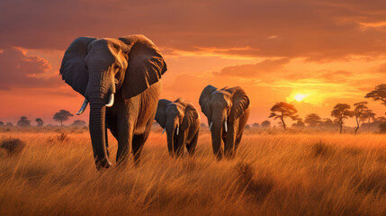 Herd of elephants in the savanna at sunset