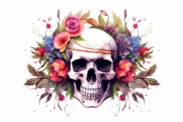 Illustration of skull with flower wreath on white background. Focus on skull. Generative AI