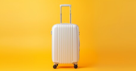 White Suitcase on Vibrant Yellow Background with Travel Essentials, Copy Space