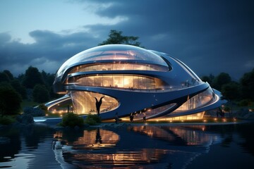 Futuristic building near water featuring glass walls and circular top. Generative AI