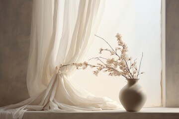 Serene Window View with White Vase of Dry Ivy