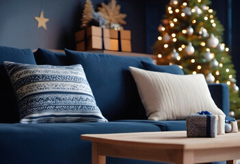 Gifts and new year tree in scandinavian style interior with christmas decoration. AI generated.