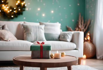 Gifts and new year tree in scandinavian style interior with christmas decoration. AI generated.