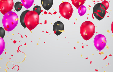 Rectangular festive background. Multicolored realistic balloons and falling confetti. Vector EPS 10
