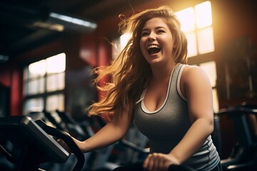 beautiful and happy overweight girl in the gym - obrazy, fototapety, plakaty
