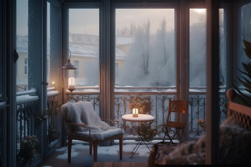 Cozy city terrace with table in winter