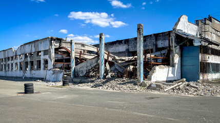 Fototapeta na wymiar A building in Bucha Ukraine destroyed by a ballistic missile
