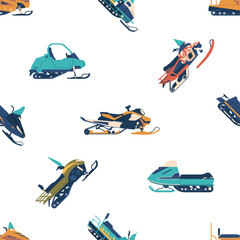 Seamless Pattern Featuring Snowmobiles In A Winter Wonderland, Perfect For A Cozy And Adventurous Seasonal Design