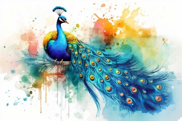 Illustration of a vibrant watercolor peacock. Generative AI
