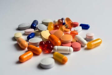 Assorted pills and tablets arranged in piles on white background. Generative AI