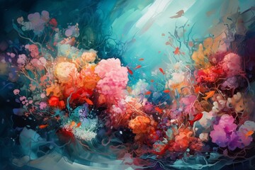 Fototapeta na wymiar An abstract composition depicting the serene underwater world with vibrant roses and corals. Generative AI