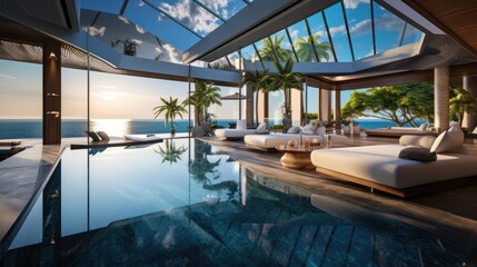 Fototapeta premium Describe a luxury villa equipped with the latest tech gadgets, such as smart mirrors, automated climate control, and entertainment systems