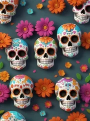 Fototapete Schädel A vibrantly colorful traditional calavera sugar skull, intricately adorned with vibrant flowers,  