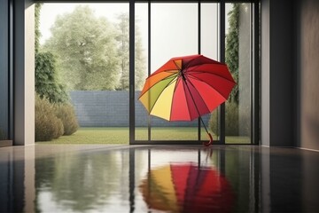 Scene after rain with glass door, red umbrella, rainbow, puddle. Generative AI