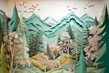 Scenic nature artwork featuring paper-cut mountains and trees. Generative AI