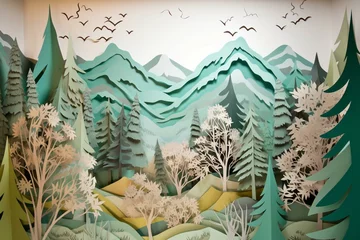 No drill blackout roller blinds Mountains Scenic nature artwork featuring paper-cut mountains and trees. Generative AI