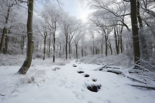 Peaceful snowy woodland scene. Generative AI
