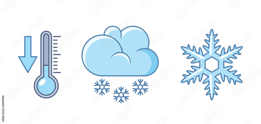Poster snowy weather forecast icons set. collection of symbols depicting snowfall, frost, thermometer and c