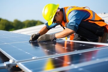 Photo of a Caucasian male engineer install and connect a solar panel system. Process of installing solar panels on the roof of a small house. Green energy and energy saving concept