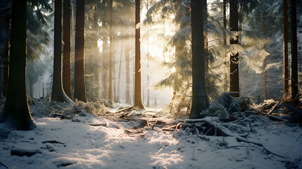 forest in winter with morning sunlight